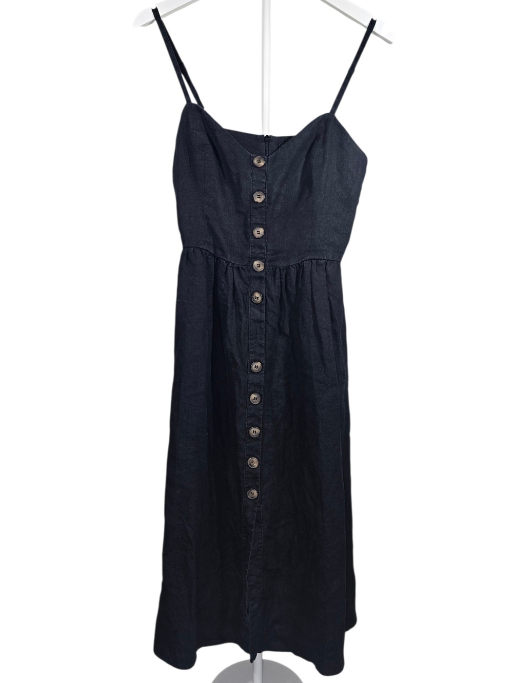 Reformation Black Linen Button-Front Midi Dress with Spaghetti Straps